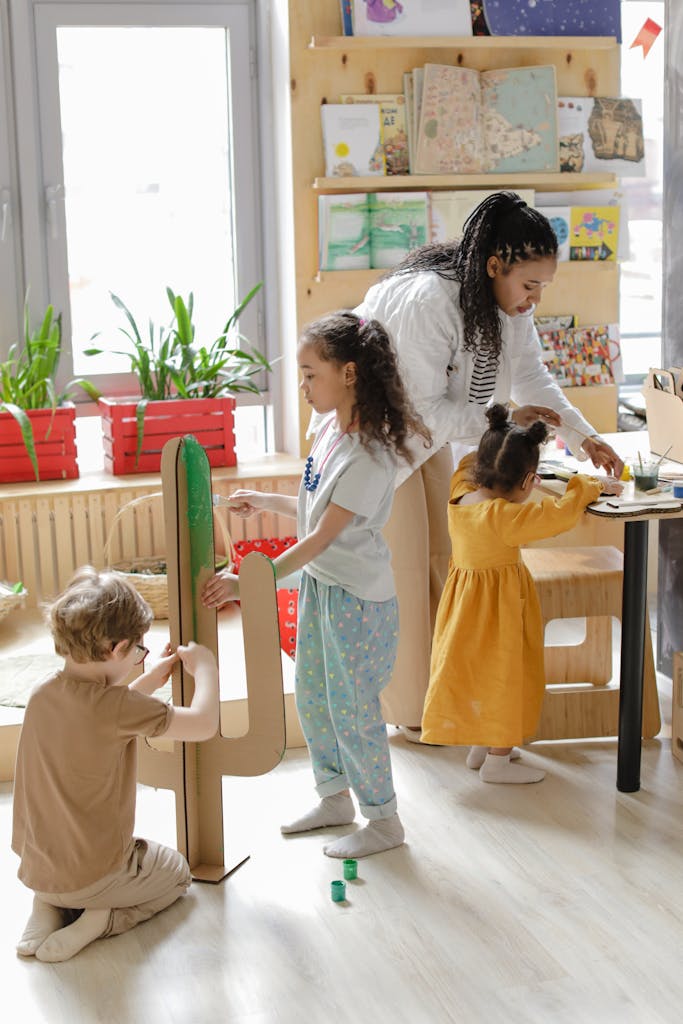 Children and teacher engaging in fun classroom activities