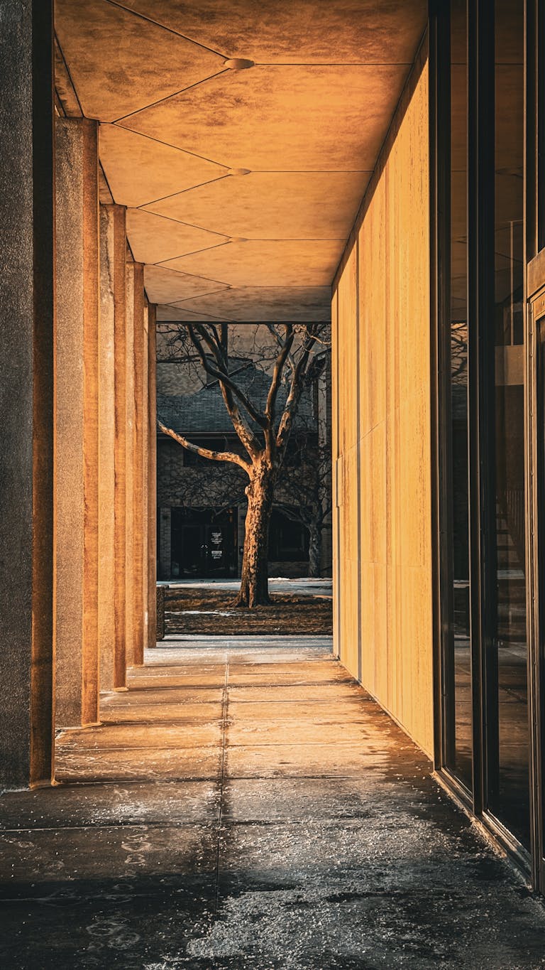 Sunlit corridor capturing modern Detroit architectural elements during golden hour.
